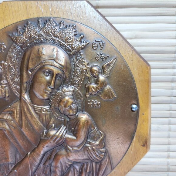 Our Lady of Perpetual Help Virgin Mary Religious Copper Wall Hanging Oak Base - Picture 3 of 6